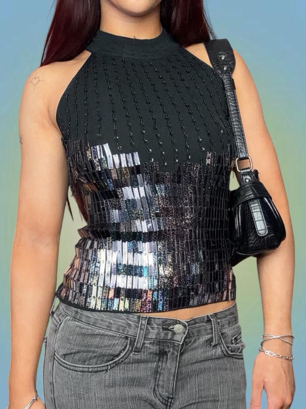 Black Sequin Halter Crop Top - Women's Sparkle Tank